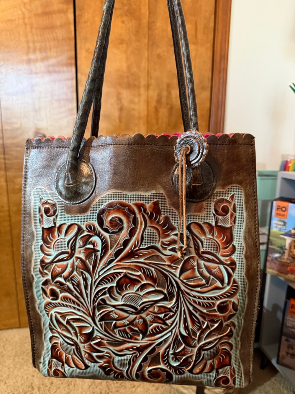 Patricia Nash Brown Tooled Floral Leather Tote with Turquoise Accents